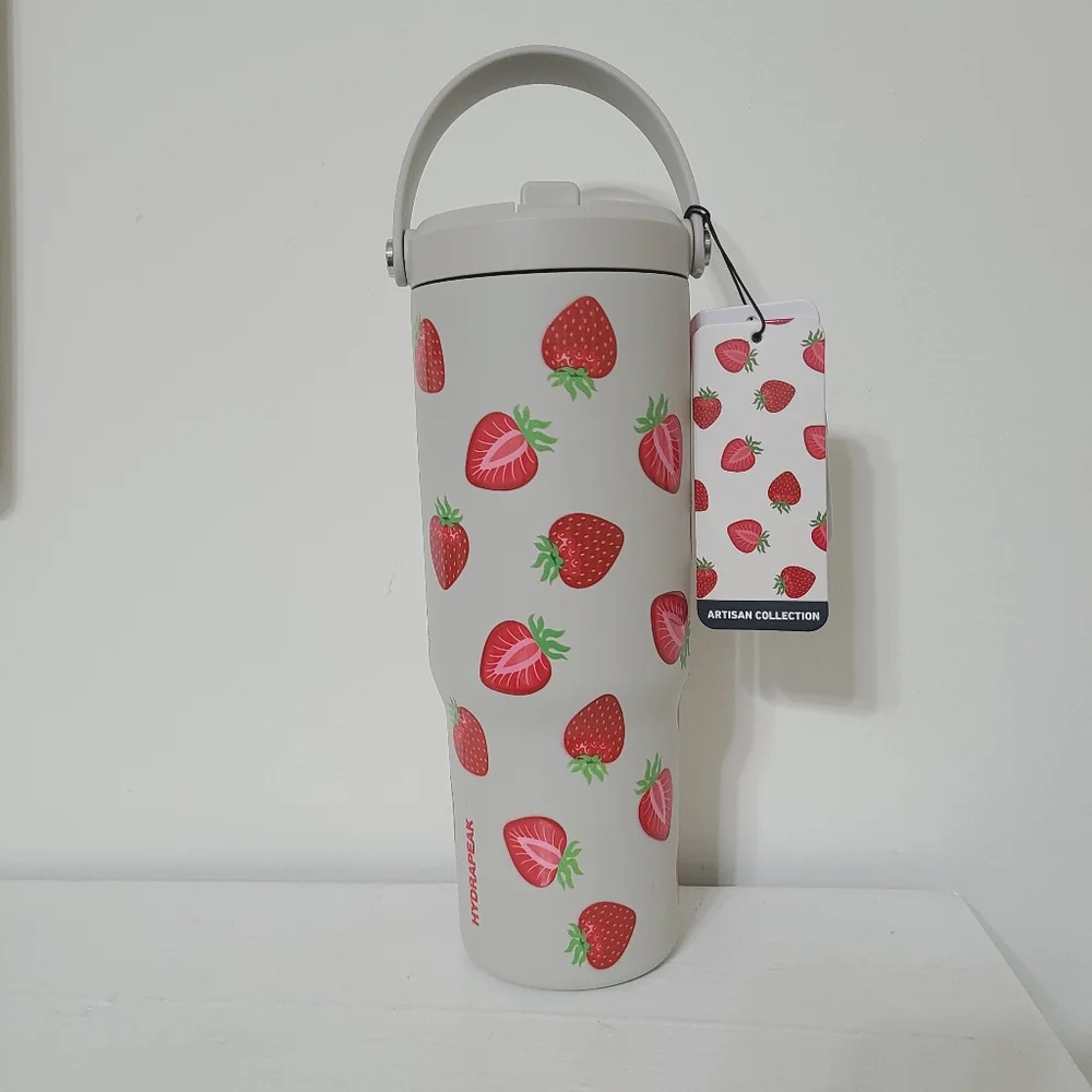 NWT HydraPeak Artisan Collection Strawberry Print Water Bottle 32 oz Flip Straw - Picture 3 of 5